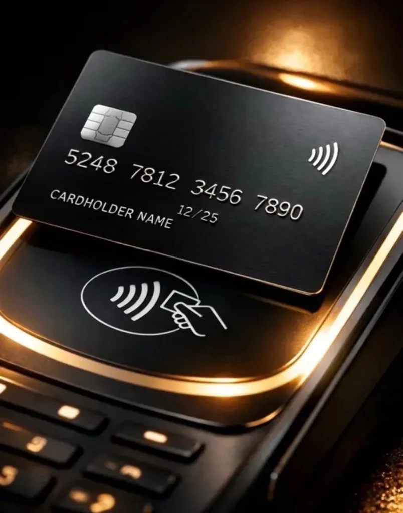 Black credit card on a glowing gold contactless payment terminal